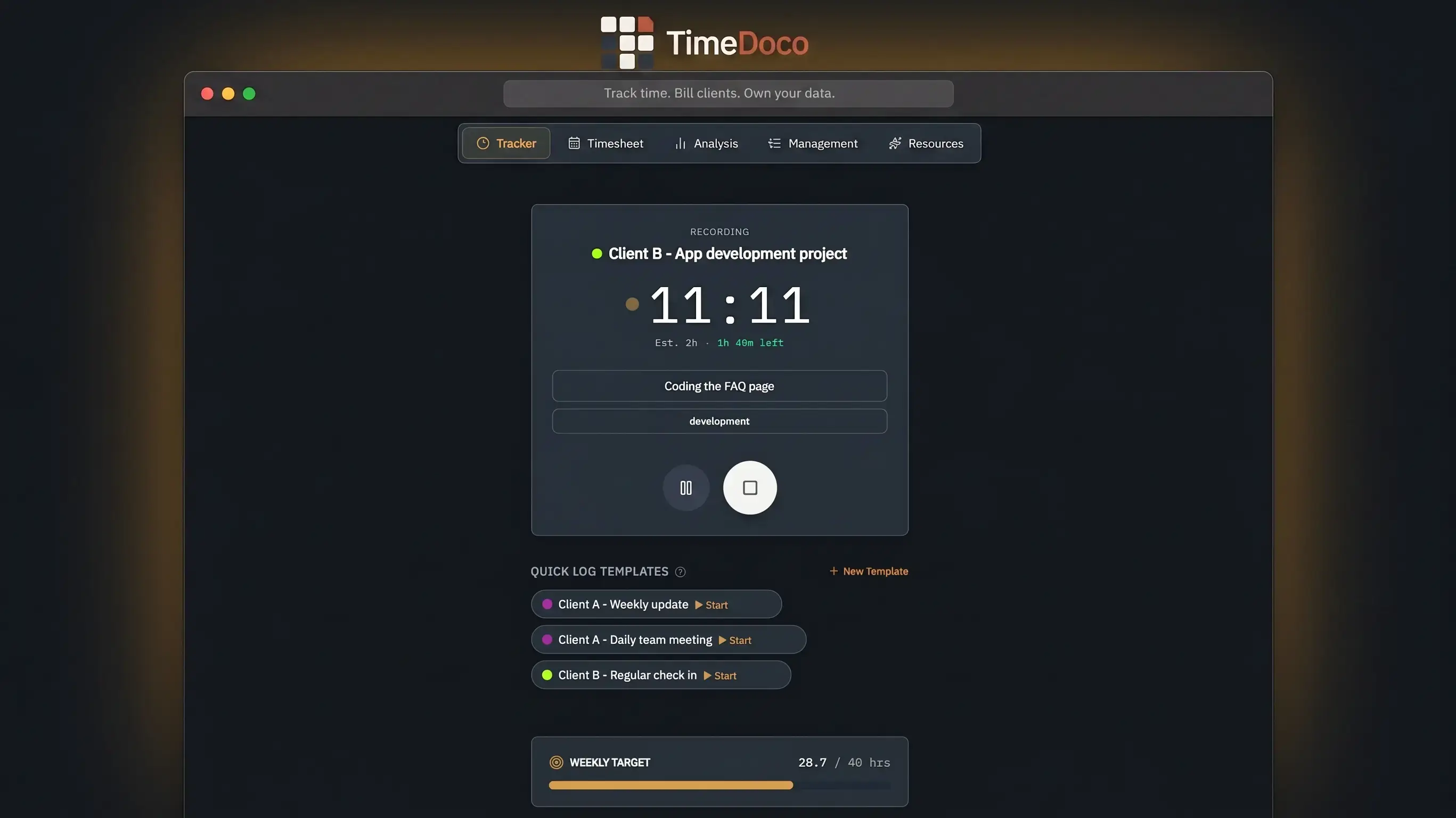 TimeDoco's Tracker page showing an active timer and a list of recent time entries
